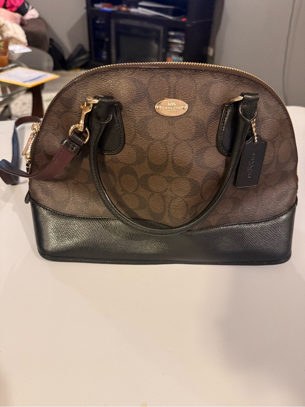 Coach Brown Signature Dome Satchel with Black Trim